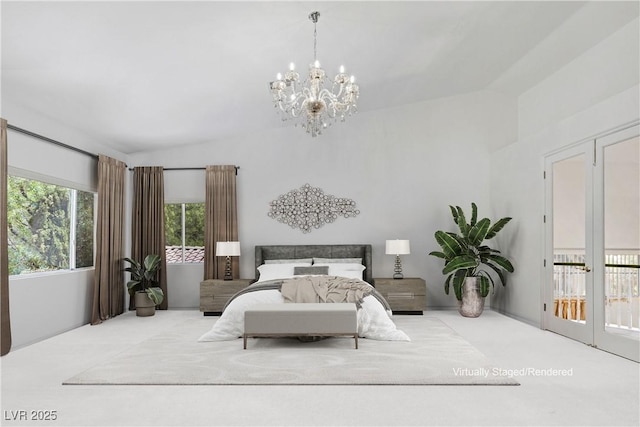 5405 San Bellasera Ct, Las Vegas, NV 89141 - bedroom with lofted ceiling, a chandelier, access to outside, and carpet floors