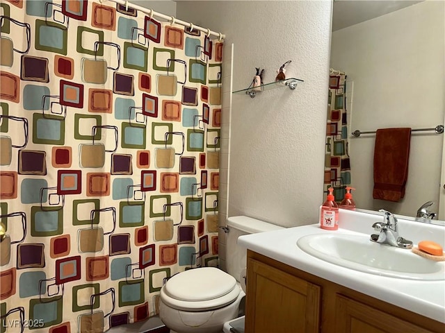 213 Luninborg St, Henderson, NV 89074 - bathroom with vanity, a shower with shower curtain, and a textured wall