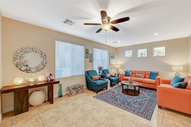 9715 Aleutian St, Las Vegas, NV 89178 - living room featuring ceiling fan, light tile patterned flooring, and recessed lighting