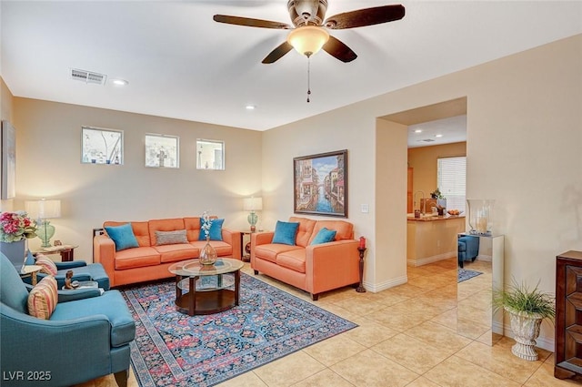9715 Aleutian St, Las Vegas, NV 89178 - living room with ceiling fan, light tile patterned floors, and recessed lighting