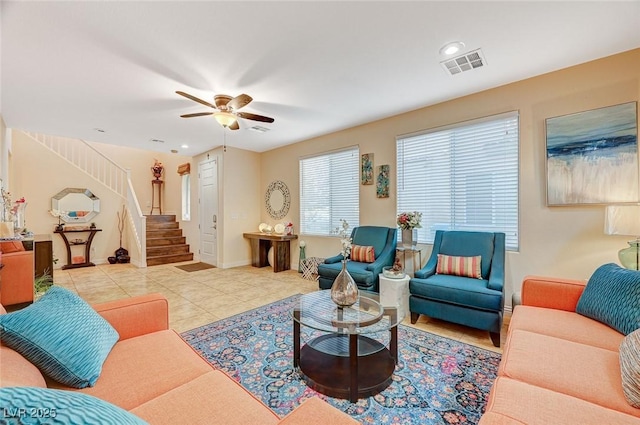 9715 Aleutian St, Las Vegas, NV 89178 - tiled living room featuring stairway, a ceiling fan, and recessed lighting