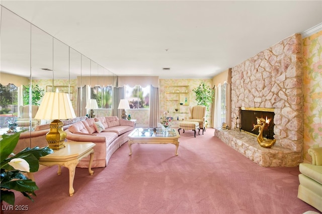 226 Dalmatian Ln, Las Vegas, NV 89107 - living room with carpet floors and a stone fireplace
