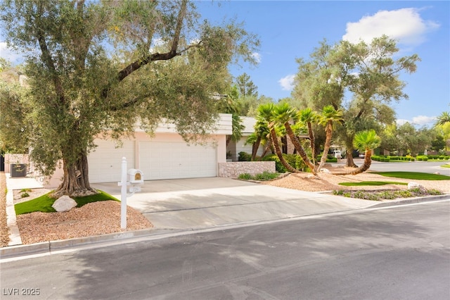 226 Dalmatian Ln, Las Vegas, NV 89107 - view of property hidden behind natural elements featuring concrete driveway, stucco siding, and a garage