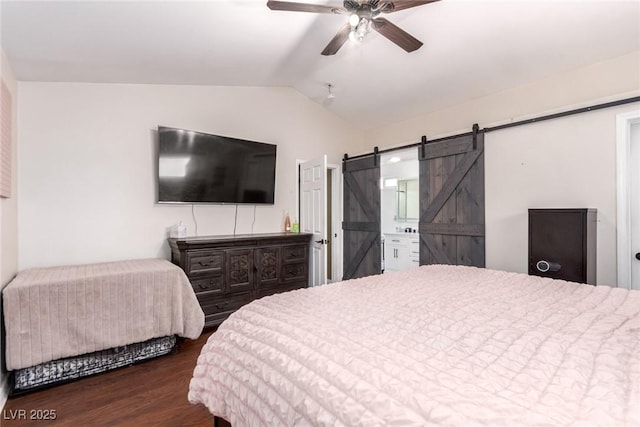 3825 Manhattan Bridge Pl, North Las Vegas, NV 89032 - bedroom with lofted ceiling, a barn door, wood finished floors, and a ceiling fan