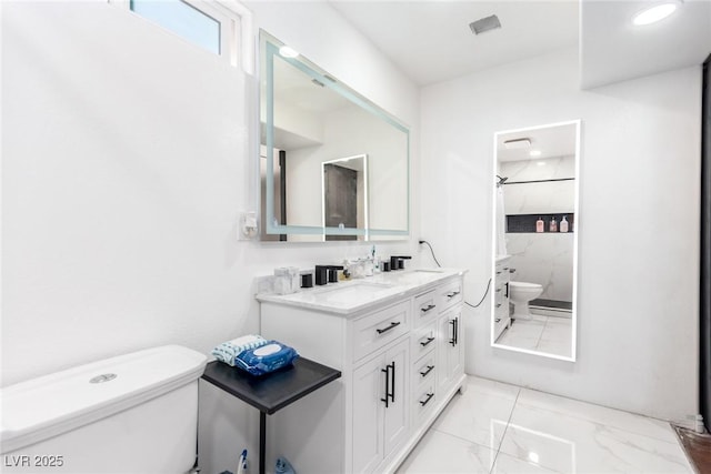 3825 Manhattan Bridge Pl, North Las Vegas, NV 89032 - full bathroom featuring marble finish floors, a shower, and double vanity