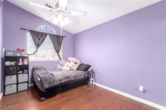 3825 Manhattan Bridge Pl, North Las Vegas, NV 89032 - bedroom featuring vaulted ceiling, wood finished floors, and ceiling fan