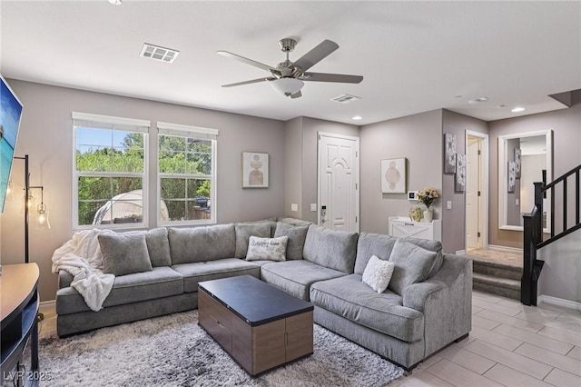 1922 Via Delle Arti, Henderson, NV 89044 - living area with a ceiling fan, stairway, and recessed lighting