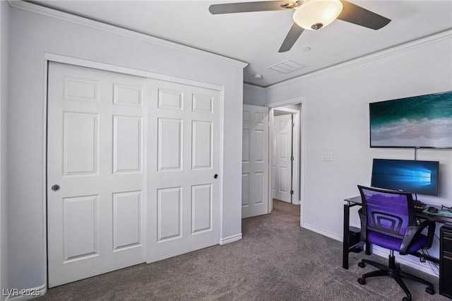 1922 Via Delle Arti, Henderson, NV 89044 - carpeted home office featuring crown molding and a ceiling fan