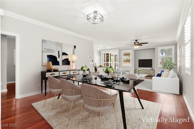 11649 Royal Derwent Dr, Las Vegas, NV 89138 - dining area featuring ornamental molding, wood finished floors, recessed lighting, and ceiling fan