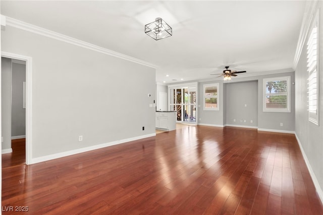 11649 Royal Derwent Dr, Las Vegas, NV 89138 - unfurnished living room with a ceiling fan, ornamental molding, dark wood-style flooring, and recessed lighting