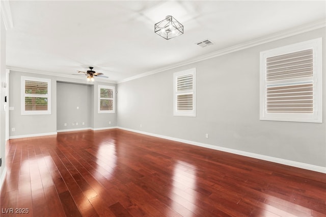 11649 Royal Derwent Dr, Las Vegas, NV 89138 - empty room featuring a ceiling fan, wood-type flooring, and ornamental molding
