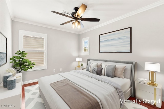11649 Royal Derwent Dr, Las Vegas, NV 89138 - bedroom with wood finished floors, ornamental molding, and a ceiling fan