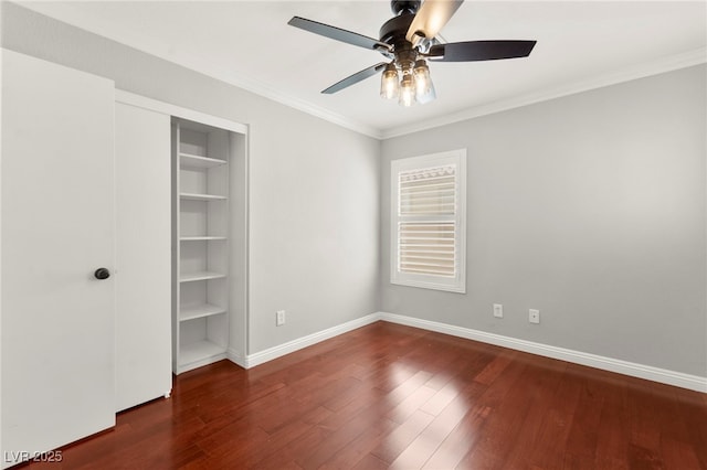 11649 Royal Derwent Dr, Las Vegas, NV 89138 - unfurnished bedroom featuring wood finished floors, crown molding, a closet, and ceiling fan
