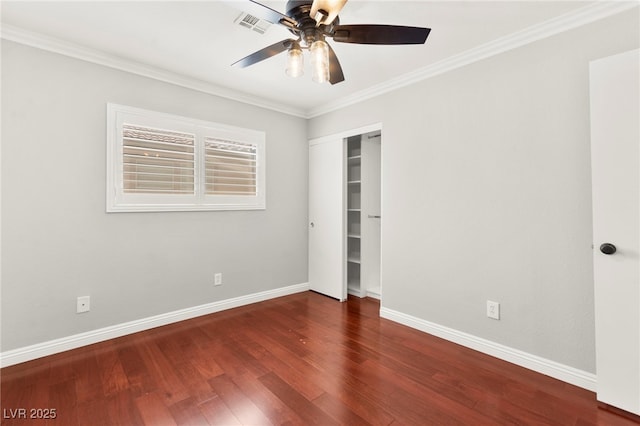11649 Royal Derwent Dr, Las Vegas, NV 89138 - unfurnished bedroom featuring wood finished floors, ornamental molding, a closet, and ceiling fan