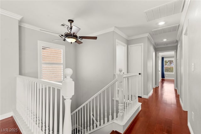 11649 Royal Derwent Dr, Las Vegas, NV 89138 - hallway with an upstairs landing, attic access, crown molding, hardwood / wood-style floors, and recessed lighting