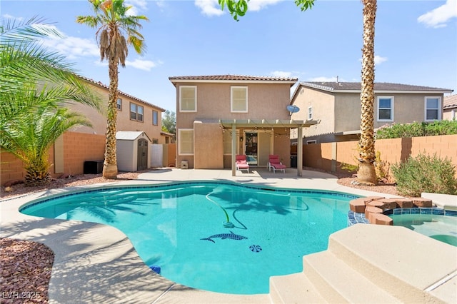 11649 Royal Derwent Dr, Las Vegas, NV 89138 - view of swimming pool featuring a storage shed, a fenced backyard, a pergola, and a patio