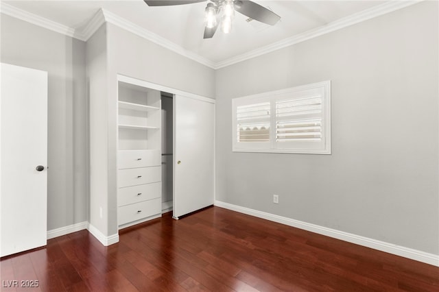 11649 Royal Derwent Dr, Las Vegas, NV 89138 - unfurnished bedroom with wood finished floors, a closet, crown molding, and ceiling fan