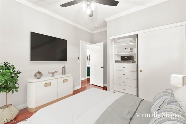 11649 Royal Derwent Dr, Las Vegas, NV 89138 - bedroom featuring crown molding, wood finished floors, and a ceiling fan