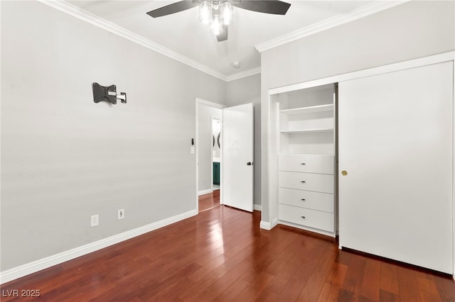 11649 Royal Derwent Dr, Las Vegas, NV 89138 - unfurnished bedroom featuring crown molding, hardwood / wood-style floors, a closet, and a ceiling fan