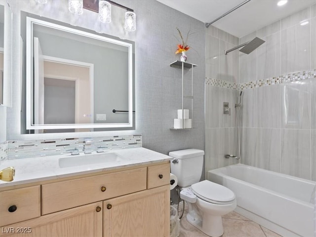 4323 Pageantry Falls Dr, North Las Vegas, NV 89031 - full bath featuring vanity, washtub / shower combination, tile patterned floors, and backsplash