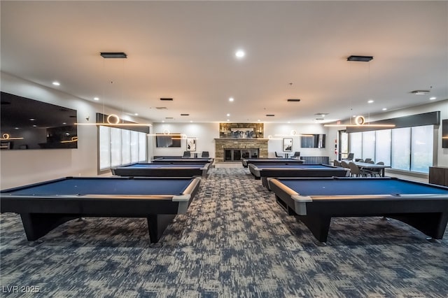 151 Duckhook Ave, Las Vegas, NV 89148 - recreation room with pool table, a stone fireplace, carpet flooring, and recessed lighting