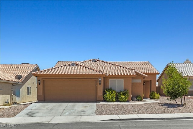 7825 White Grass Ave, Las Vegas, NV 89131 - view of front of house with stucco siding, an attached garage, driveway, and a tile roof