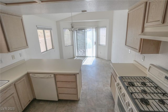 1349 Goldenglow Rd, Las Vegas, NV 89108 - kitchen featuring white appliances, light brown cabinetry, a peninsula, light countertops, and a chandelier