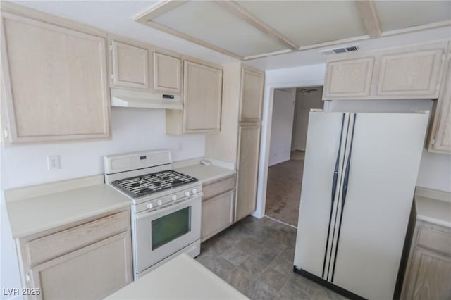 1349 Goldenglow Rd, Las Vegas, NV 89108 - kitchen with white appliances, under cabinet range hood, light brown cabinetry, and light countertops