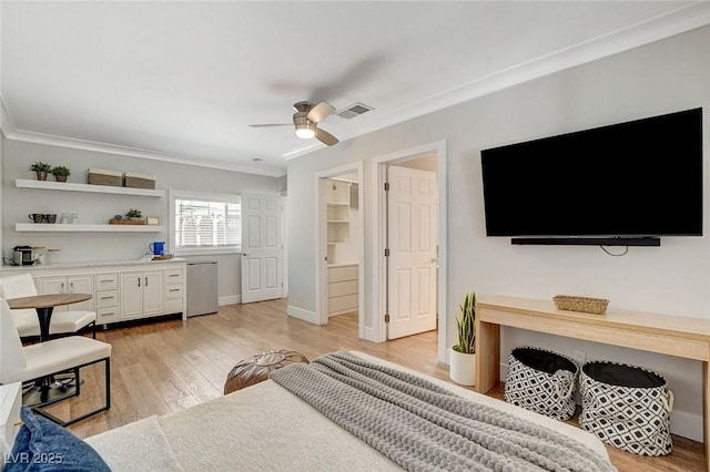 925 Alan Shepard St, Las Vegas, NV 89145 - bedroom featuring ornamental molding, light wood-style floors, refrigerator, and a ceiling fan