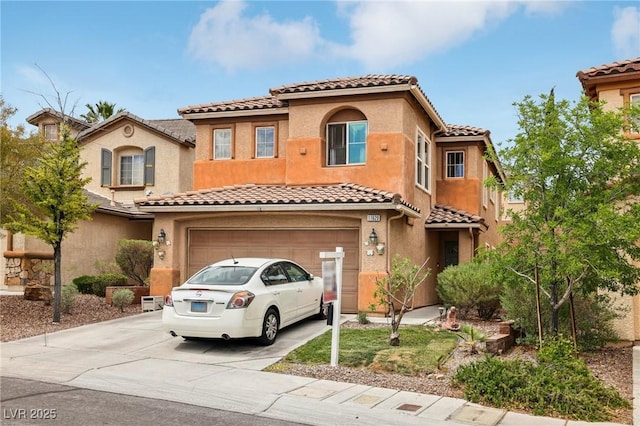 11620 Longhirst Hall Ln, Las Vegas, NV 89138 - view of front of house with a tiled roof, a garage, driveway, and stucco siding