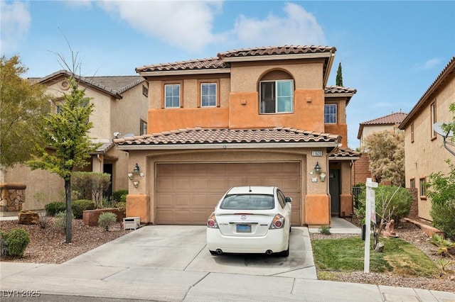 11620 Longhirst Hall Ln, Las Vegas, NV 89138 - mediterranean / spanish house with a tile roof, concrete driveway, a garage, and stucco siding