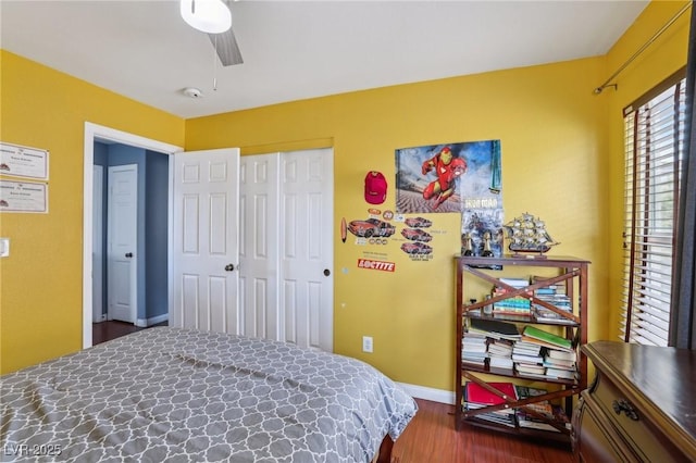 11620 Longhirst Hall Ln, Las Vegas, NV 89138 - bedroom with dark wood-type flooring, a closet, and ceiling fan