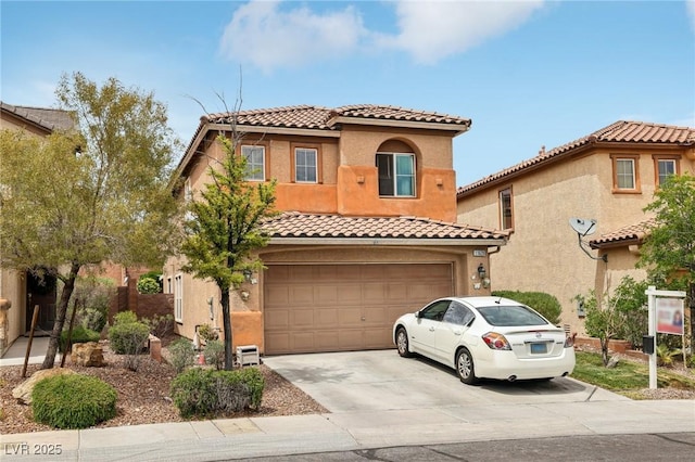 11620 Longhirst Hall Ln, Las Vegas, NV 89138 - mediterranean / spanish-style house featuring a tiled roof, driveway, stucco siding, and an attached garage