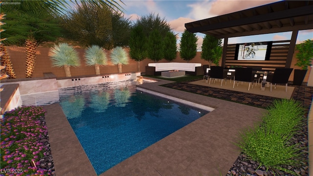 7132 Sayonara Vista St, North Las Vegas, NV 89084 - pool at dusk featuring a patio, an outdoor pool, and a fenced backyard