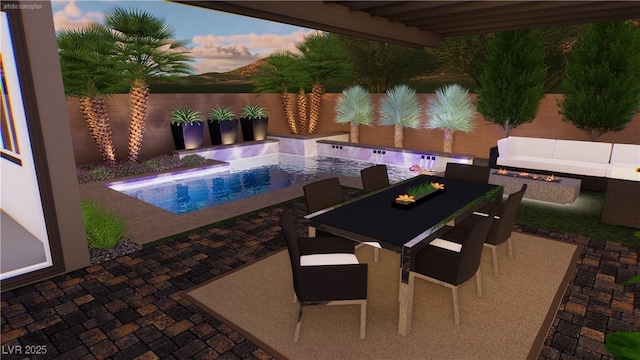7132 Sayonara Vista St, North Las Vegas, NV 89084 - view of pool featuring an outdoor fire pit, a patio, outdoor dining area, and a fenced backyard