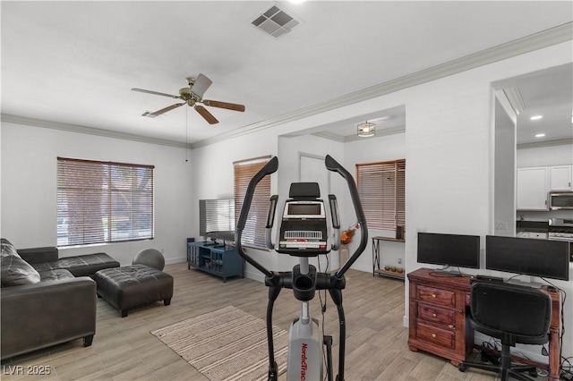 1310 Ripplestone Ave, North Las Vegas, NV 89081 - home office with a ceiling fan, light wood-type flooring, and crown molding
