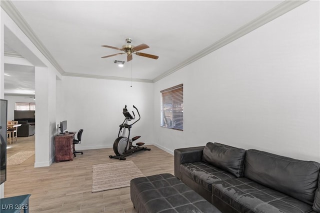 1310 Ripplestone Ave, North Las Vegas, NV 89081 - exercise area featuring ceiling fan, light wood finished floors, and ornamental molding