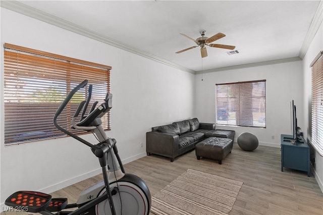 1310 Ripplestone Ave, North Las Vegas, NV 89081 - workout area with a ceiling fan, light wood-type flooring, and crown molding