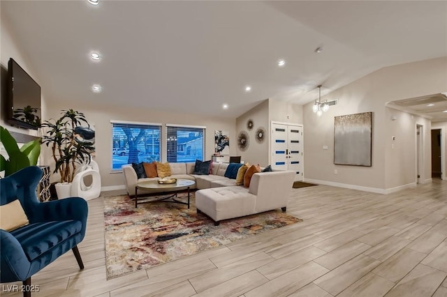 6316 Bluejay Way, Las Vegas, NV 89146 - living room with lofted ceiling, wood tiled floors, and recessed lighting