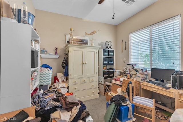 7854 Brianna Cheerful Ave, Las Vegas, NV 89178 - home office with a ceiling fan and light colored carpet