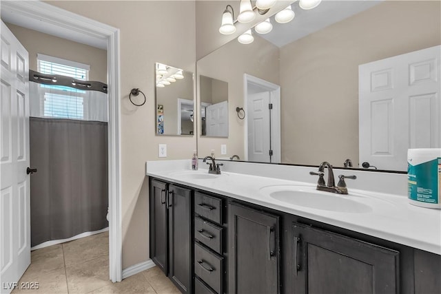 7854 Brianna Cheerful Ave, Las Vegas, NV 89178 - bathroom with double vanity, tile patterned floors, a shower with shower curtain, and a chandelier