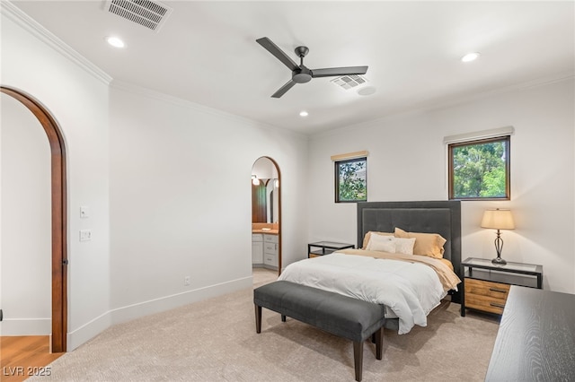 38 Pebble Dunes Ct, Las Vegas, NV 89141 - bedroom with arched walkways, crown molding, recessed lighting, connected bathroom, and a ceiling fan