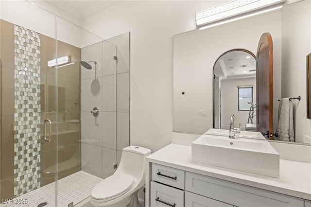 38 Pebble Dunes Ct, Las Vegas, NV 89141 - bathroom with crown molding, vanity, and a shower stall