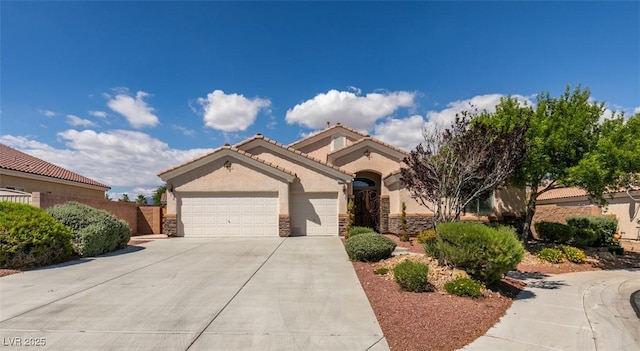 8204 Turbys Treehouse Pl, Las Vegas, NV 89131 - mediterranean / spanish-style house with stucco siding, stone siding, driveway, a garage, and a tiled roof