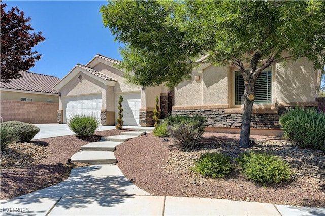 8204 Turbys Treehouse Pl, Las Vegas, NV 89131 - view of front facade featuring stucco siding, a garage, stone siding, and concrete driveway