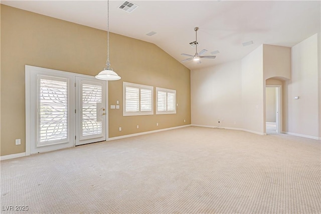 8204 Turbys Treehouse Pl, Las Vegas, NV 89131 - unfurnished room with a ceiling fan, vaulted ceiling, arched walkways, and light colored carpet