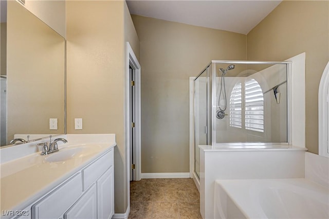 8204 Turbys Treehouse Pl, Las Vegas, NV 89131 - bathroom with a stall shower, a bath, vanity, and tile patterned floors