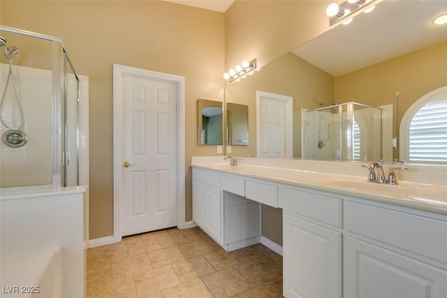 8204 Turbys Treehouse Pl, Las Vegas, NV 89131 - full bathroom featuring a shower stall, double vanity, tile patterned floors, and a bathtub