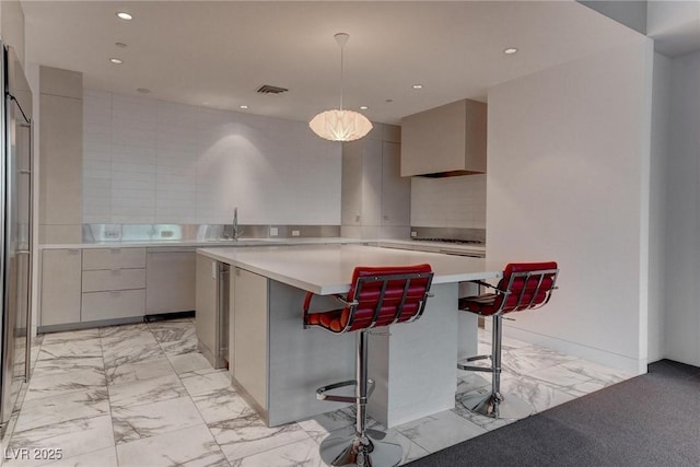 4575 Dean Martin Dr Unit 2607, Las Vegas, NV 89103 - kitchen featuring light marble finish flooring, light countertops, modern cabinets, gray cabinetry, and recessed lighting