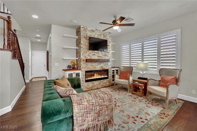 326 Caneflower Ct, North Las Vegas, NV 89031 - living room featuring ceiling fan, wood finished floors, a fireplace, recessed lighting, and stairs